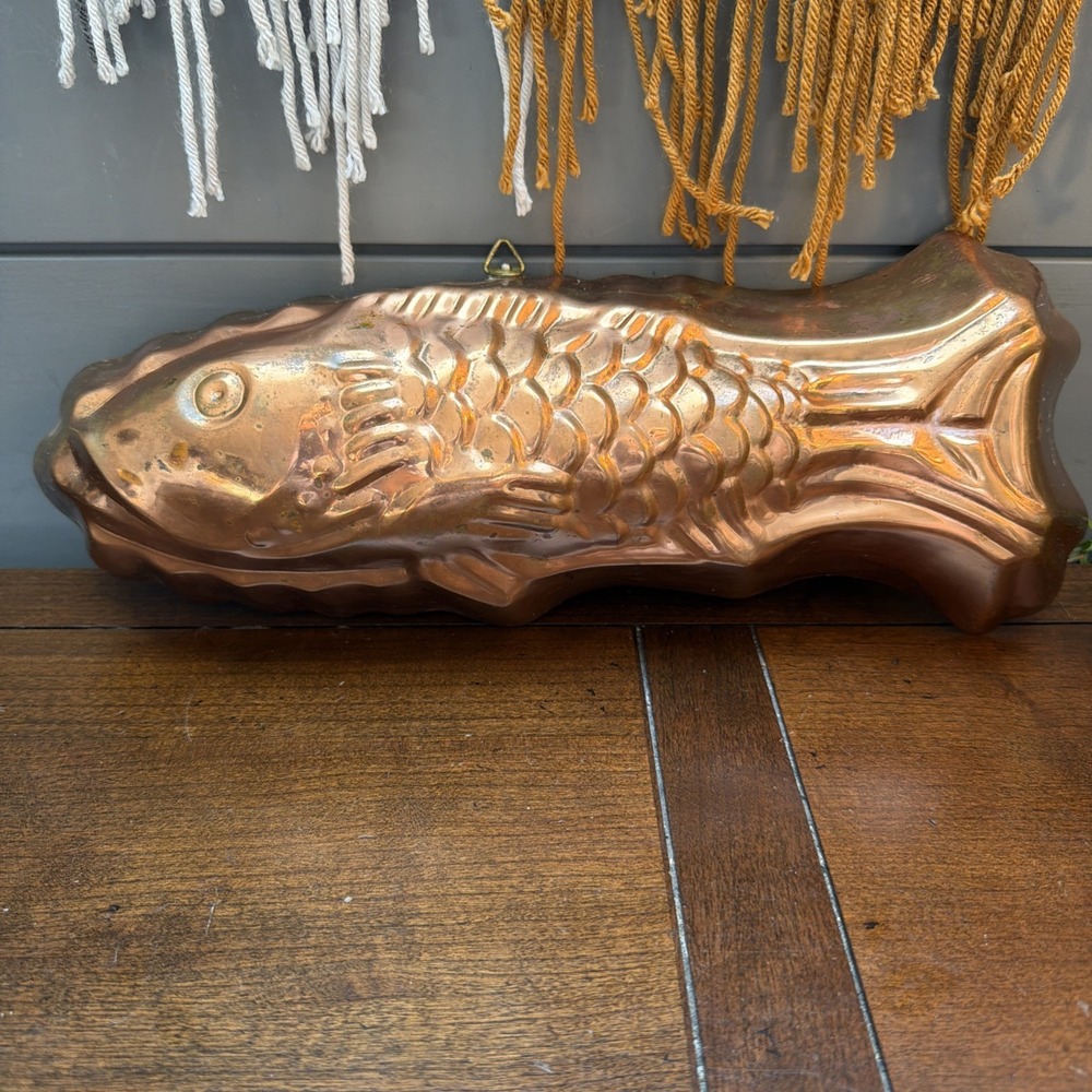 Vintage Copper FISH Mold 12" Pan Wall Hanging Kitchen Decor